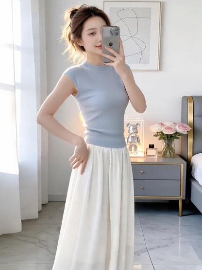 【預售】韓系清新OOTD套裝｜藍色圓領飛袖背心｜白色高腰半身裙