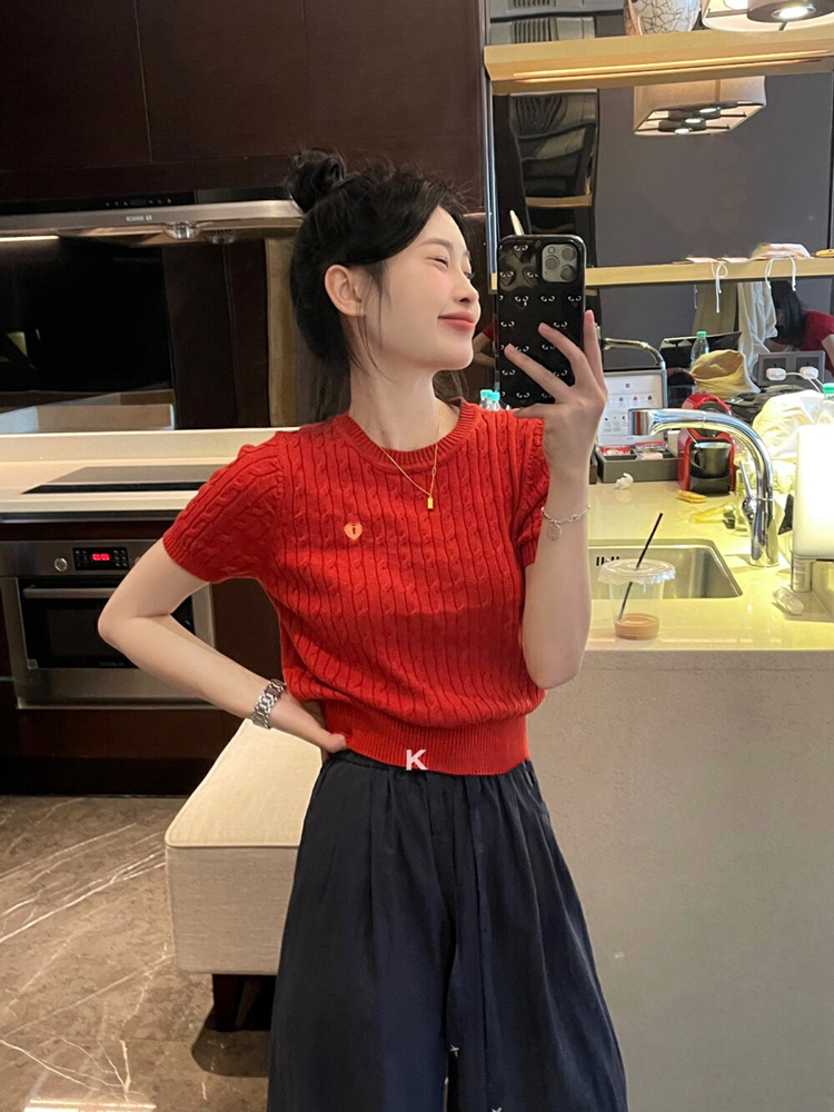 愛心刺繡麻花針織衫 正肩短款上衣 內搭打底薄款短袖