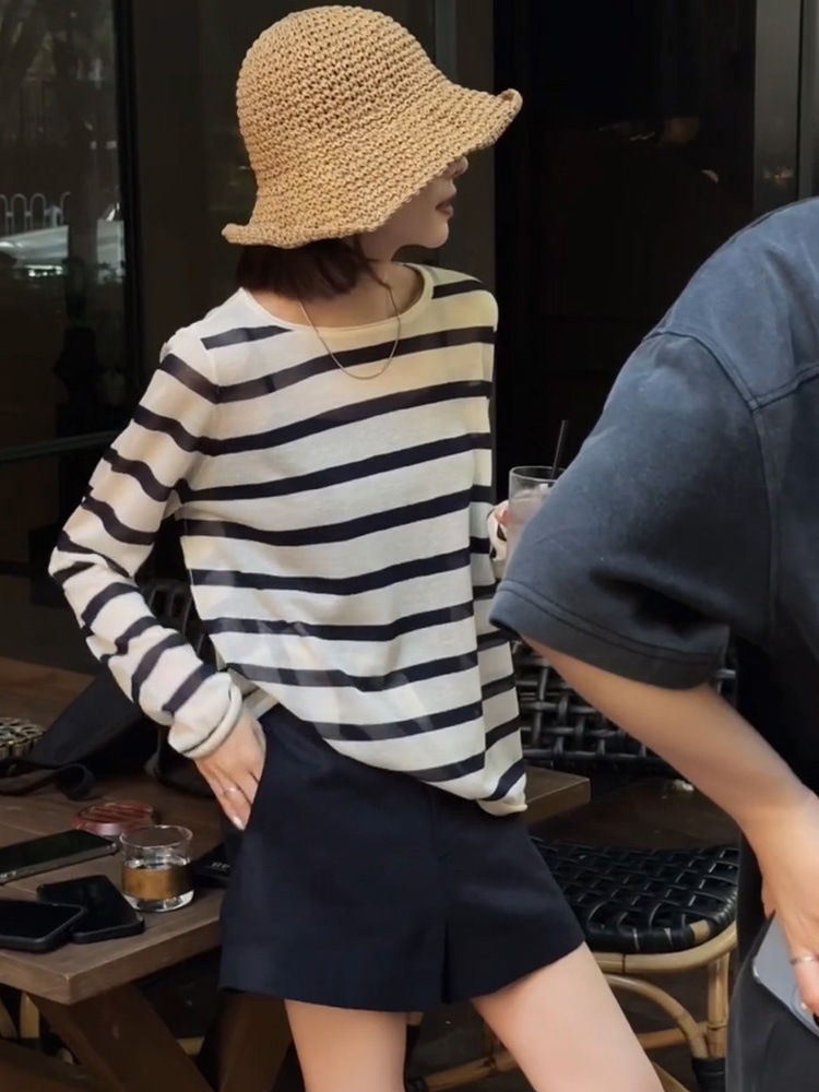 爆款100%天絲面料針織衫 撞色條紋防曬罩衫 復古純棉闊腿短褲