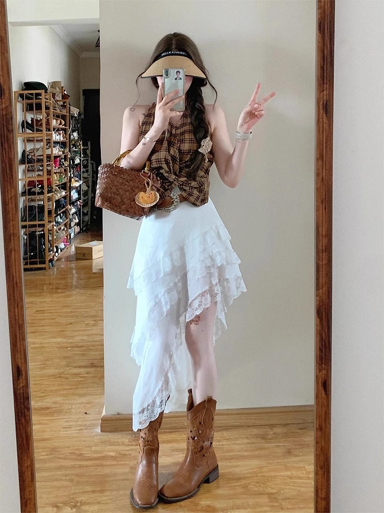 港風復古套裝 格紋掛脖背心上衣 時尚不規則蕾絲花邊半身裙 春季兩件套裝
