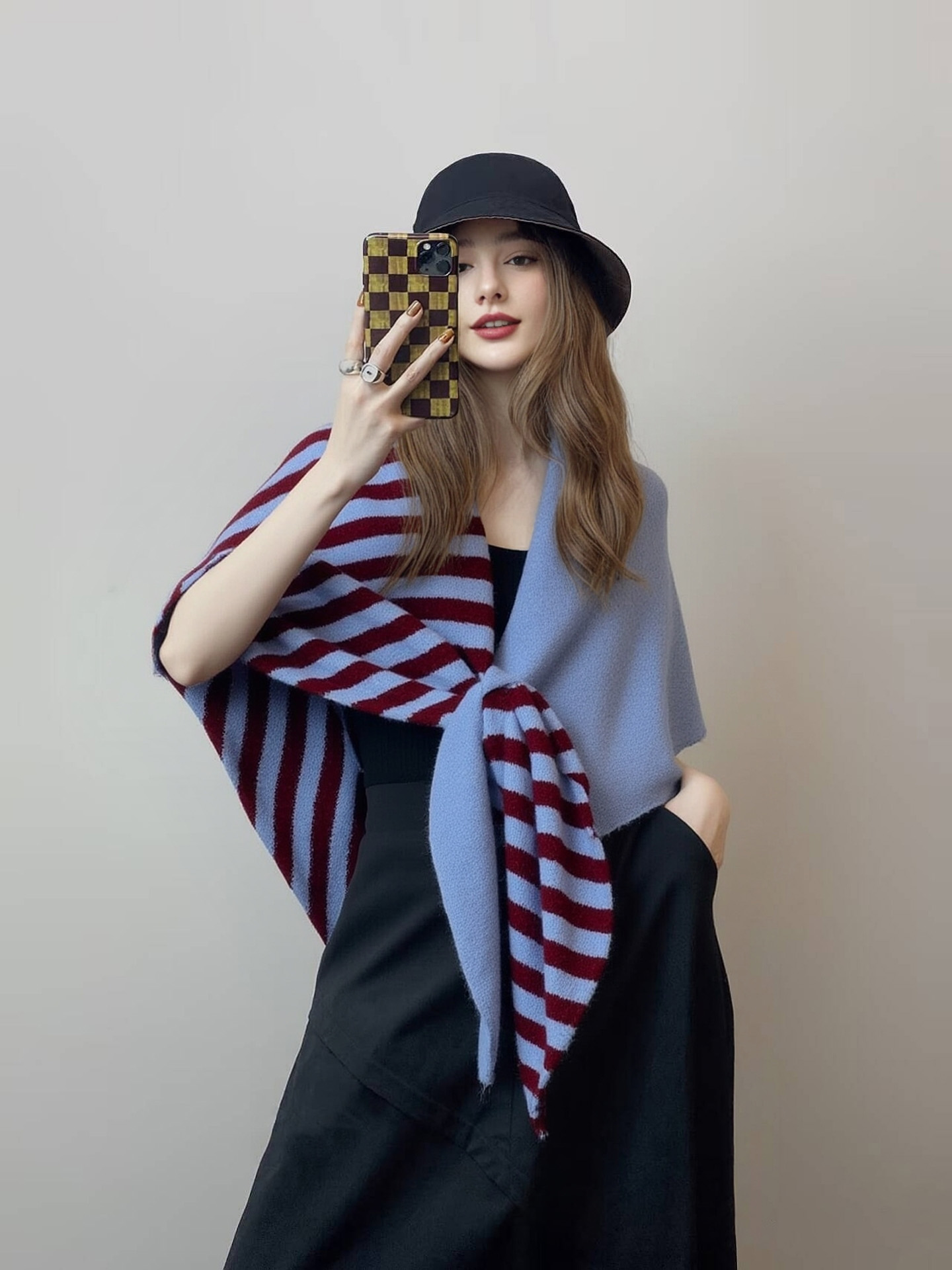 法式慵懶風｜羊毛混紡條紋圍巾披肩｜保暖百搭