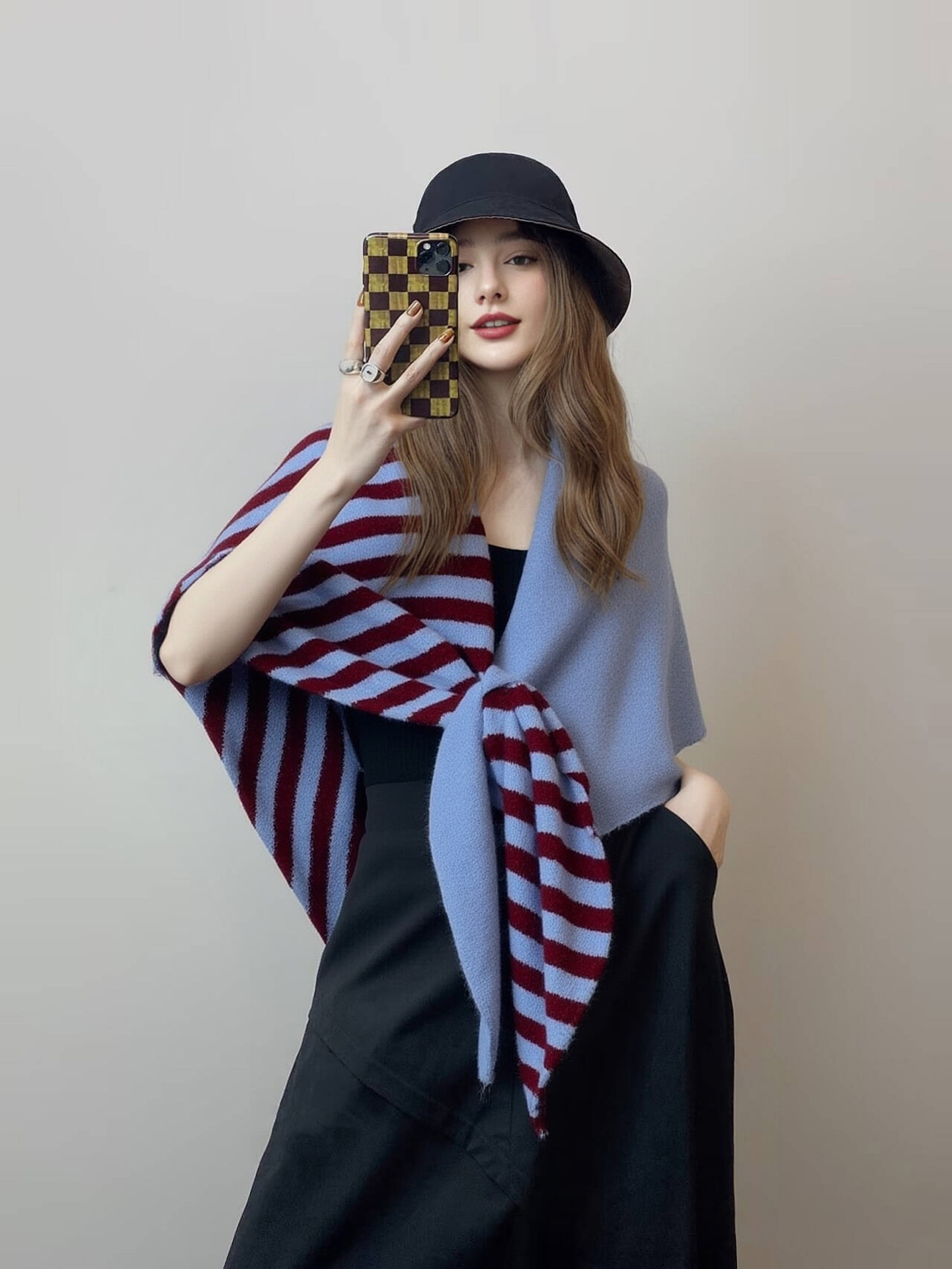 法式慵懶風｜羊毛混紡條紋圍巾披肩｜保暖百搭