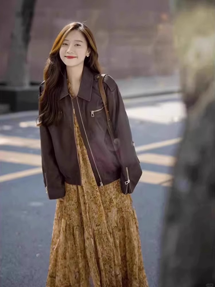 法式復古 美拉德套裝 PU咖色皮衣 碎花雪紡洋裝連衣裙