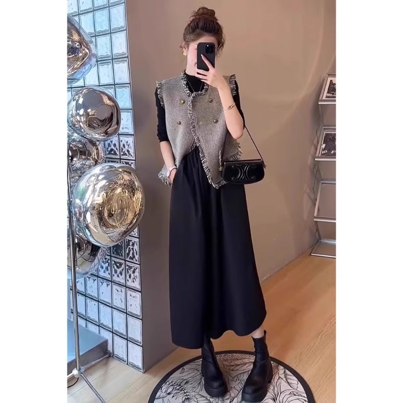 小香風背心馬甲 黑色洋裝套裝 復古輕奢顯瘦