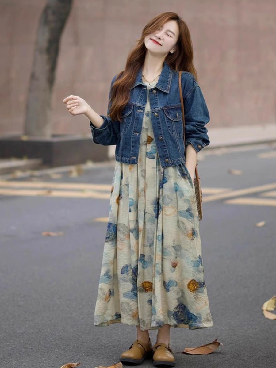高級感減齡套裝 深藍牛仔外套 水墨畫連衣裙 碎花長裙