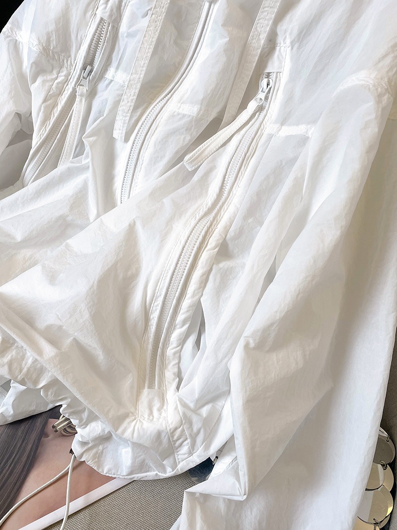白色薄款防曬衣 女夏季抽繩連帽寬鬆風衣 透氣長袖上衣外套