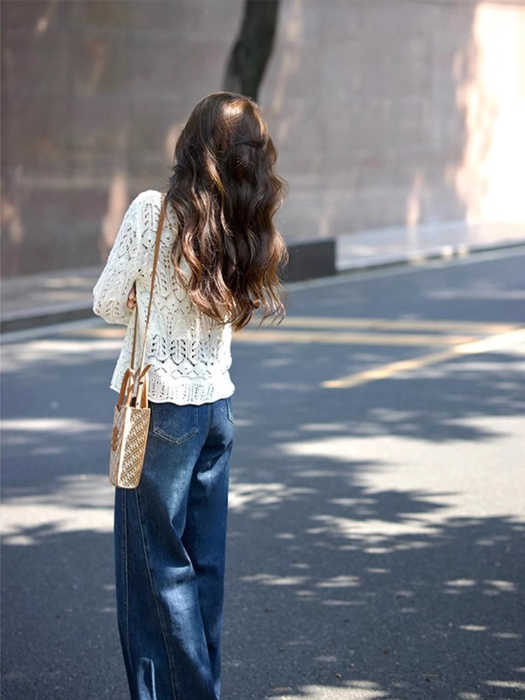 法式鏤空針織上衣 闊腿牛仔褲