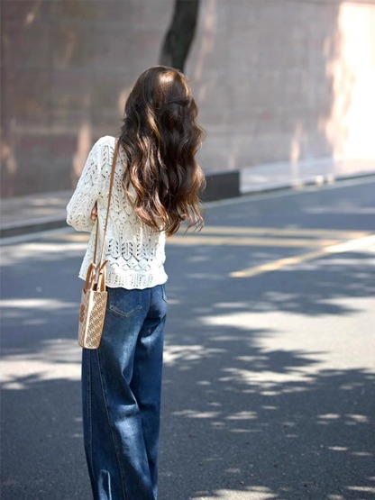 法式鏤空針織上衣 闊腿牛仔褲