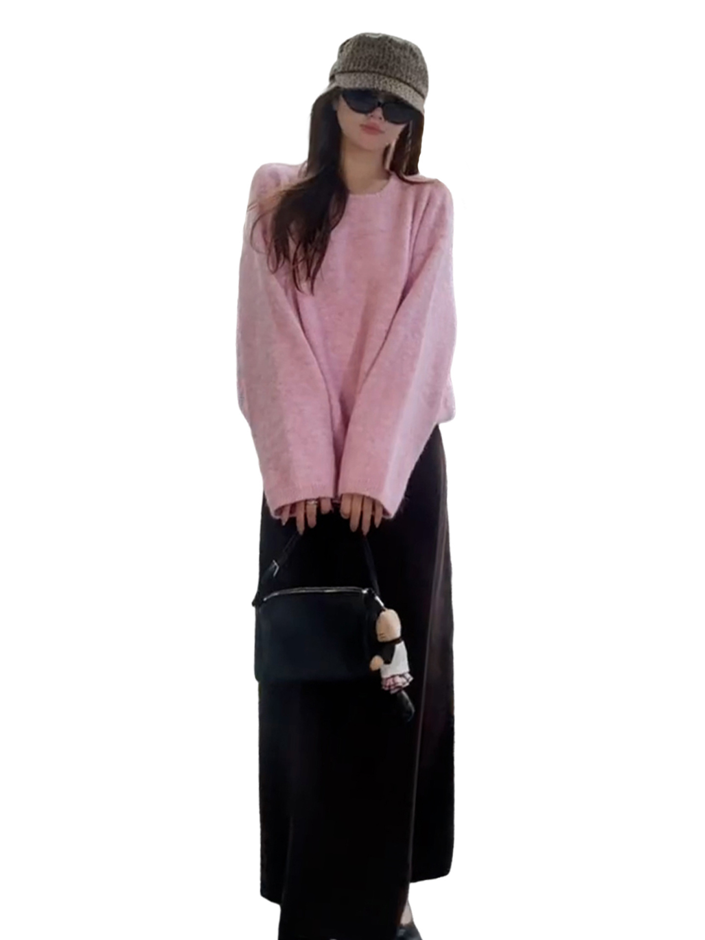 溫柔韓系粉咖套裝 |  深咖半裙 |  粉色圓領寬鬆針織上衣（贈披肩）