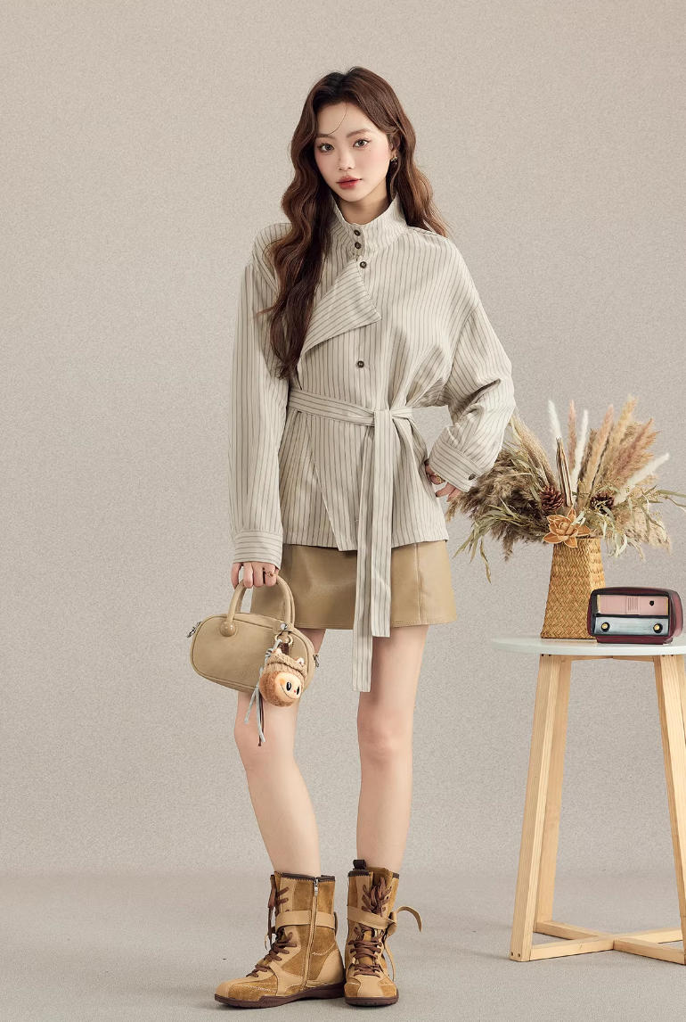 約質感條紋襯衫 綁帶收腰設計感襯衣 秋季寬鬆上衣