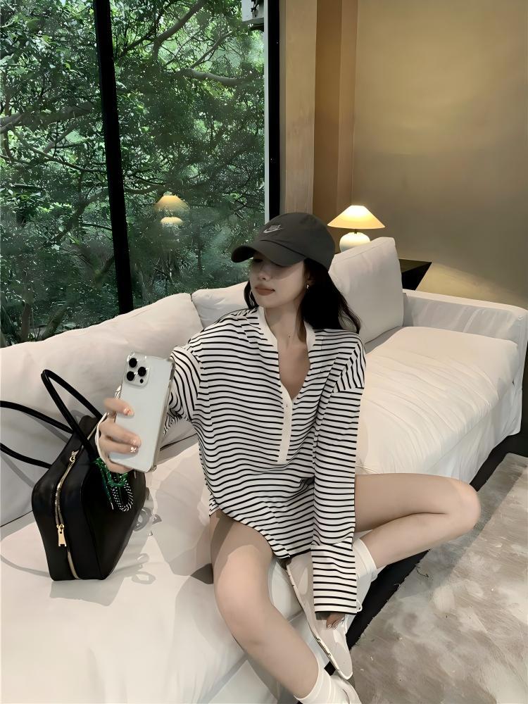 春夏慵懶風條紋套裝｜黑白寬鬆長袖T恤 + 高腰直筒短褲｜休閒顯瘦兩件組