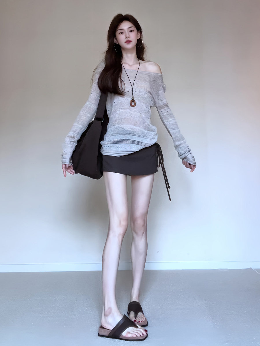 純欲慵懶時尚套裝 |  肌理鏤空微透防曬針織上衣+綁帶短裙褲