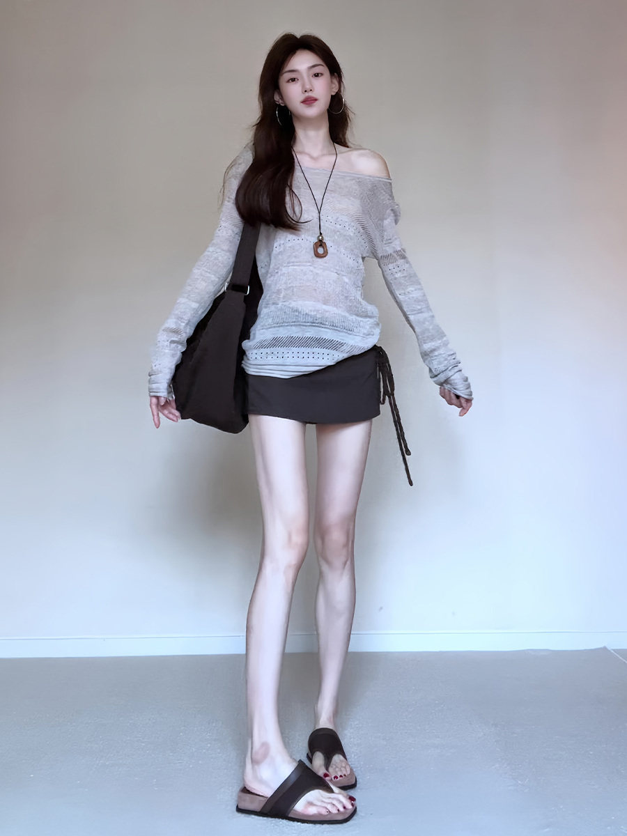 純欲慵懶時尚套裝 |  肌理鏤空微透防曬針織上衣+綁帶短裙褲