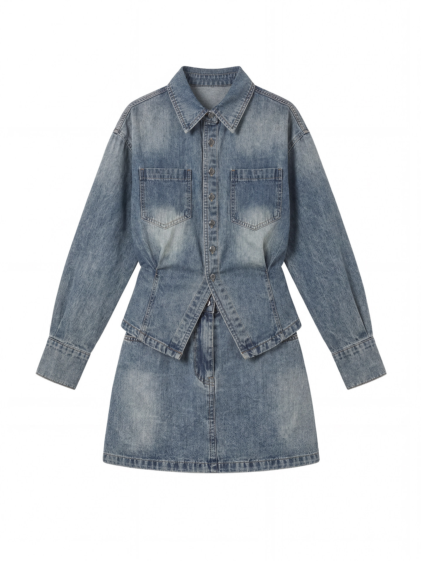 韓系顯瘦牛仔套組 | 氣質收腰牛仔襯衫+牛仔短裙