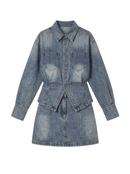 韓系顯瘦牛仔套組 | 氣質收腰牛仔襯衫+牛仔短裙