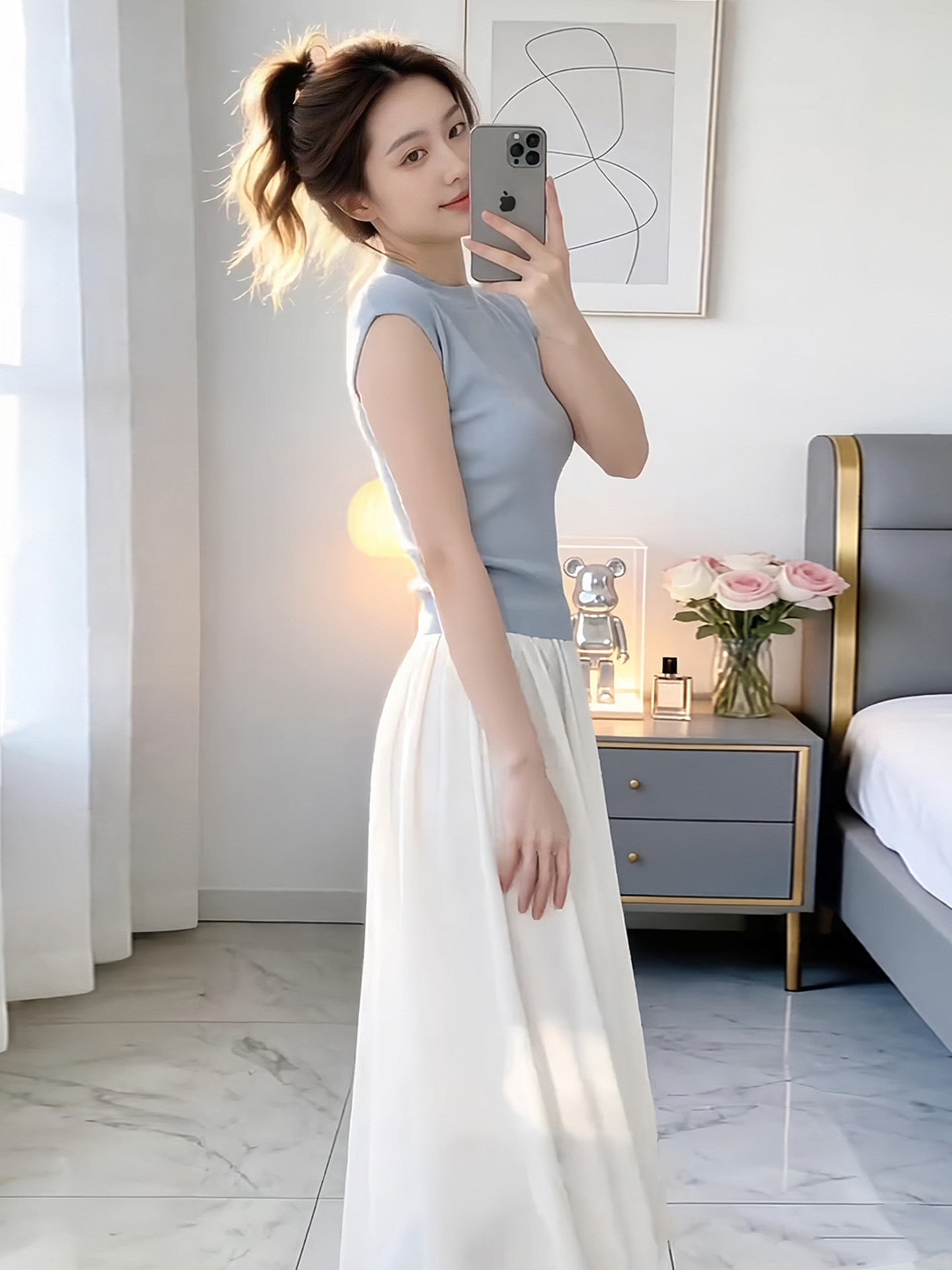 【預售】韓系清新OOTD套裝｜藍色圓領飛袖背心｜白色高腰半身裙