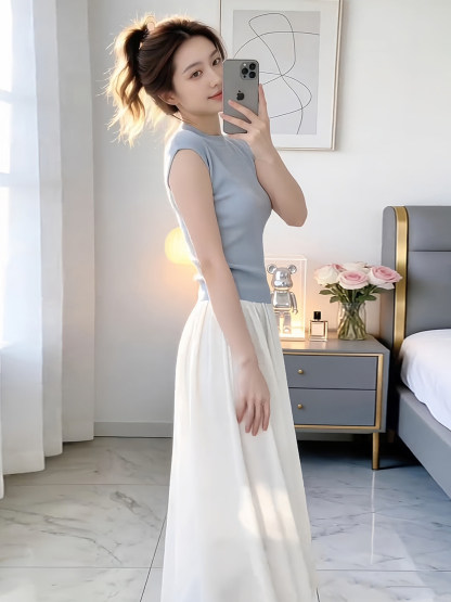 【預售】韓系清新OOTD套裝｜藍色圓領飛袖背心｜白色高腰半身裙