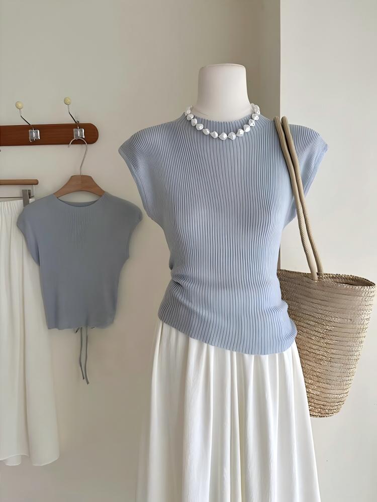 【預售】韓系清新OOTD套裝｜藍色圓領飛袖背心｜白色高腰半身裙