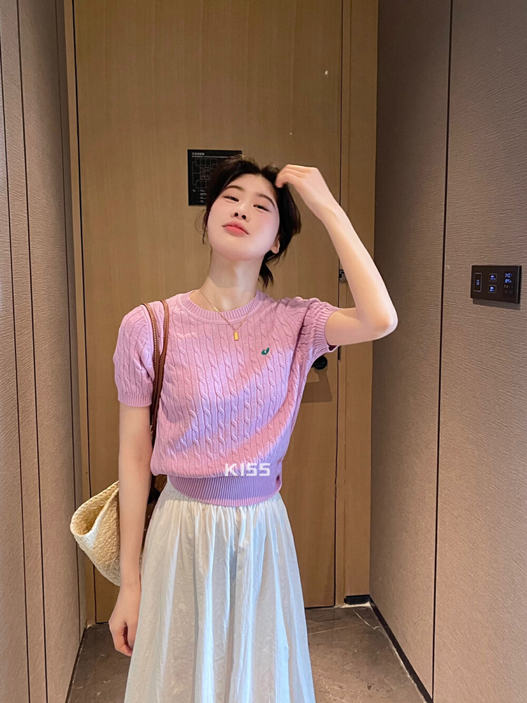 愛心刺繡麻花針織衫 正肩短款上衣 內搭打底薄款短袖