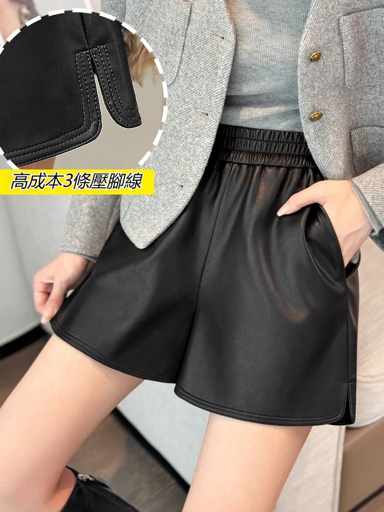 【現貨】慵懶風春秋兩件套 五分袖針織衫女 外穿高腰顯瘦皮短褲 純色毛衣黑色皮褲