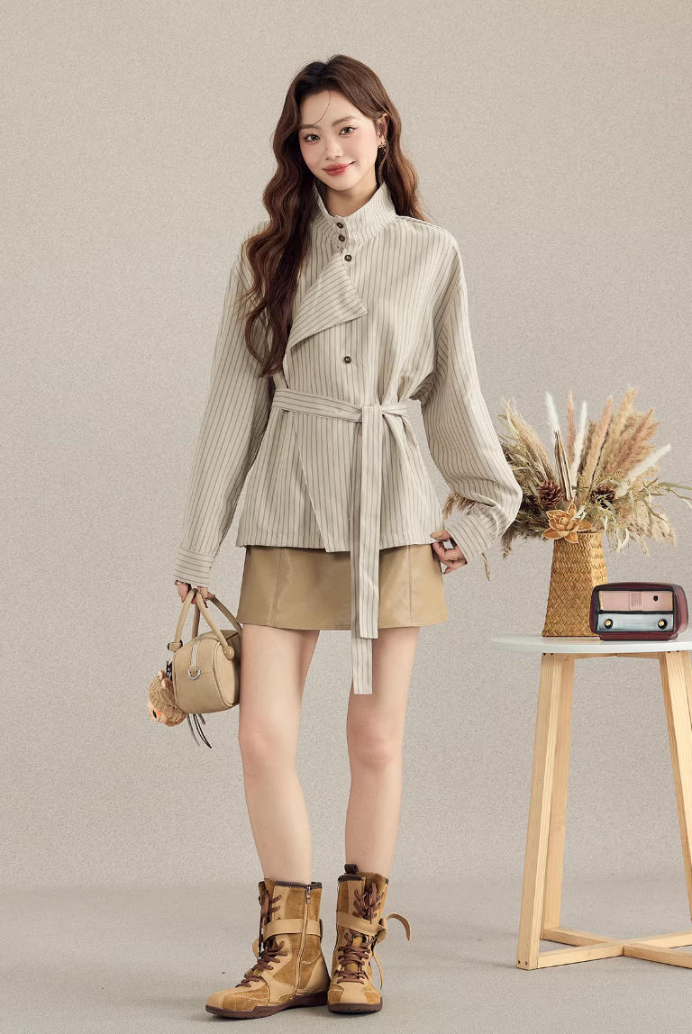 約質感條紋襯衫 綁帶收腰設計感襯衣 秋季寬鬆上衣
