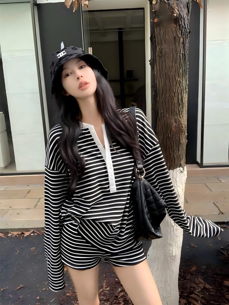 春夏慵懶風條紋套裝｜黑白寬鬆長袖T恤 + 高腰直筒短褲｜休閒顯瘦兩件組