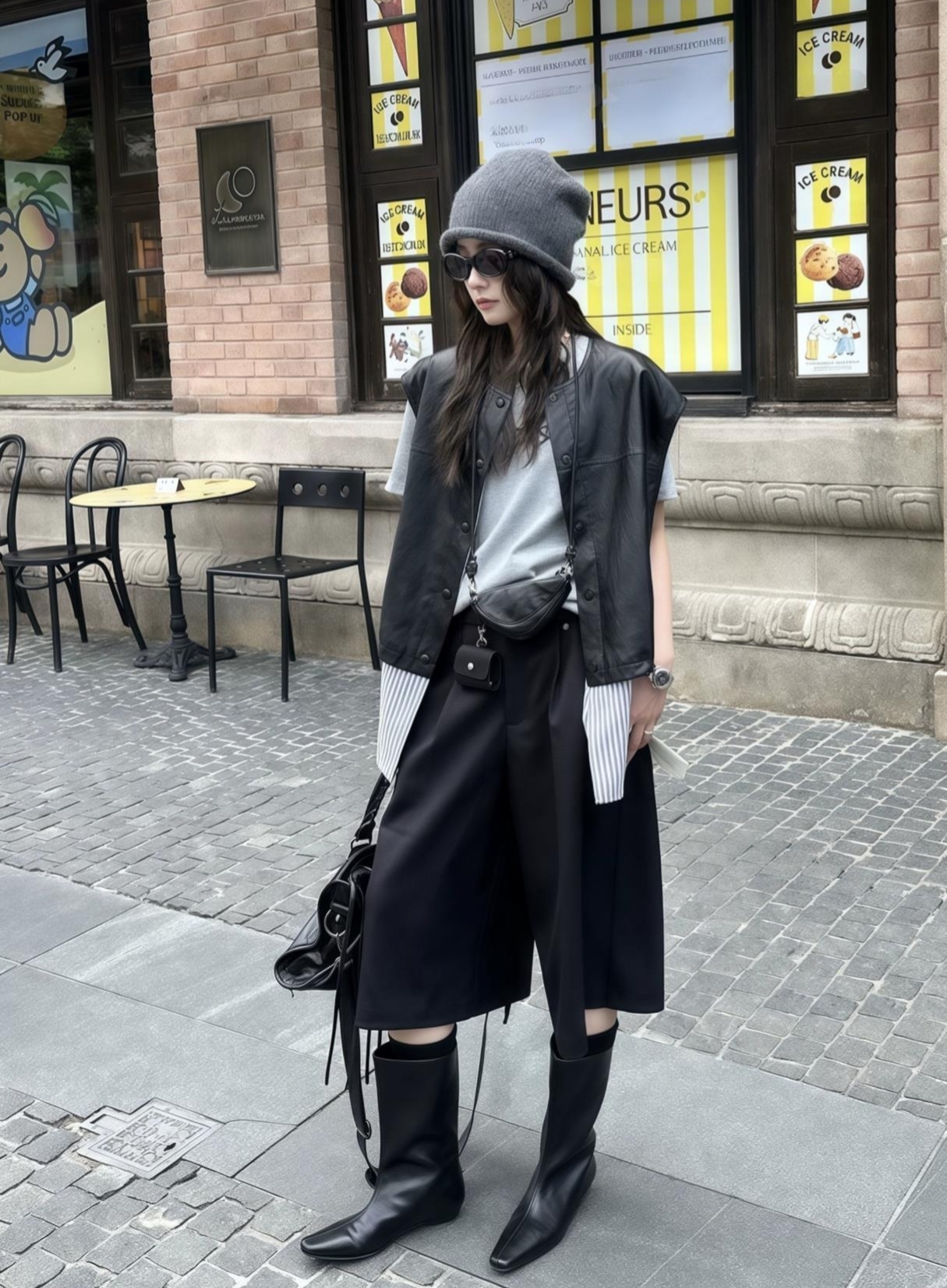 假兩件條紋拼接皮質背心｜韓系寬鬆外套