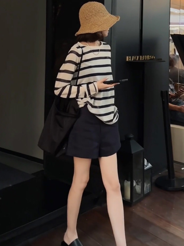 爆款100%天絲面料針織衫 撞色條紋防曬罩衫 復古純棉闊腿短褲