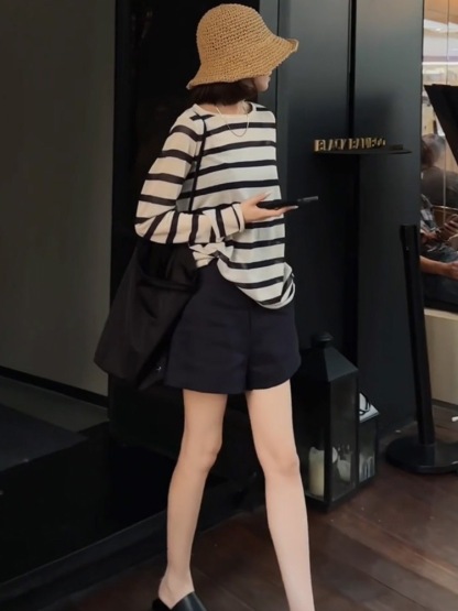 爆款100%天絲面料針織衫 撞色條紋防曬罩衫 復古純棉闊腿短褲