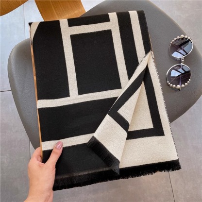 【現貨】冬季時尚黑白幾何雙面仿羊絨圍巾 女生保暖圍脖 加長羊毛披肩兩用