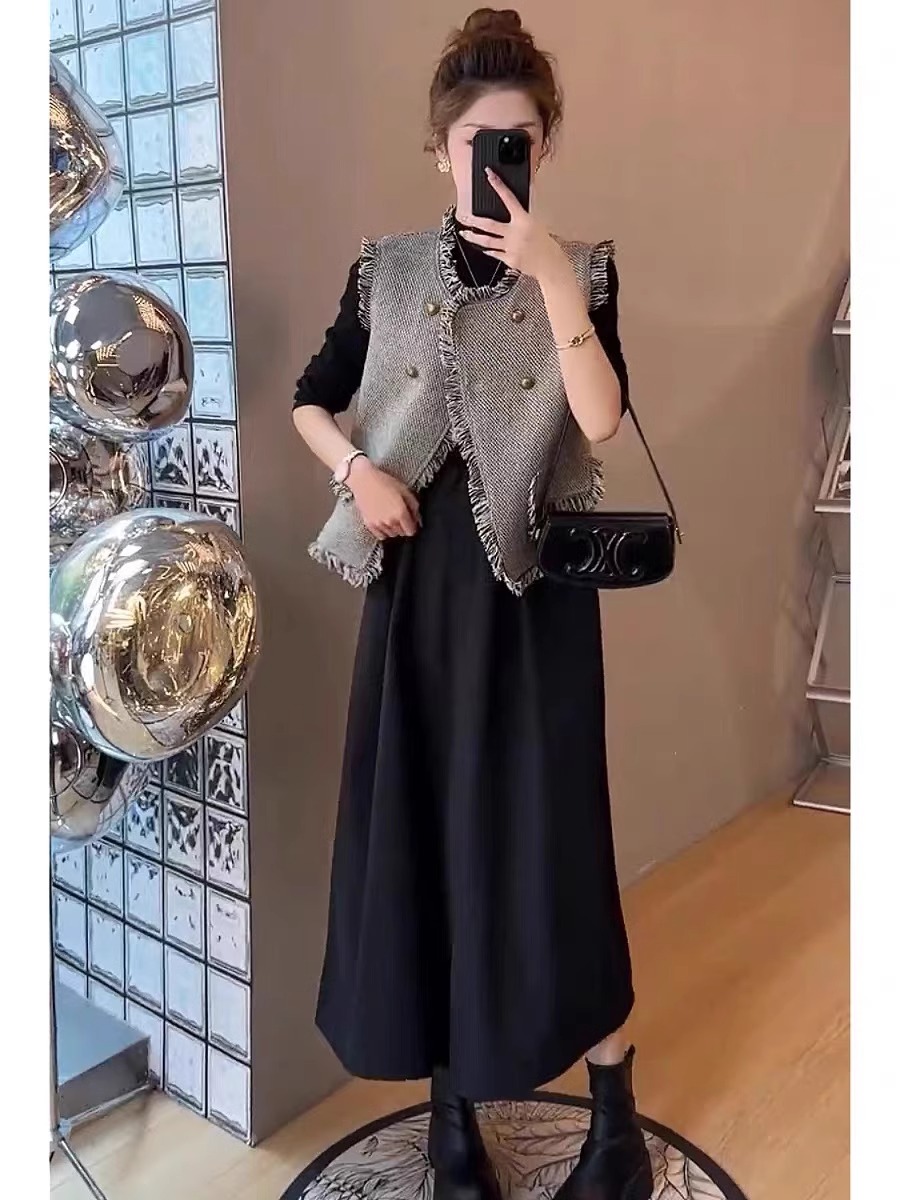 小香風背心馬甲 黑色洋裝套裝 復古輕奢顯瘦