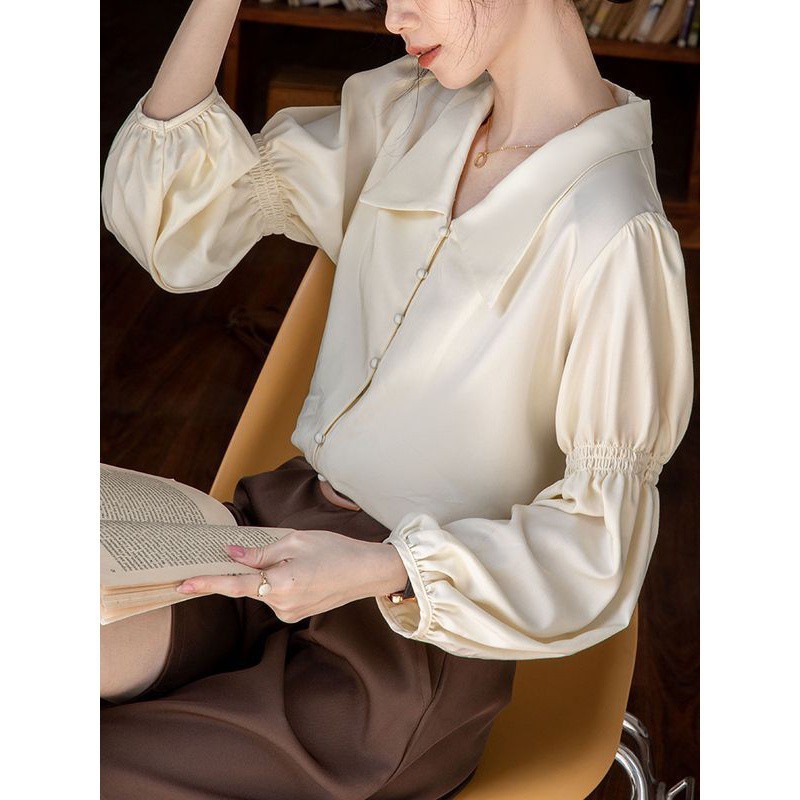 燈籠袖杏色襯衫 法式復古襯衣 OL通勤上衣