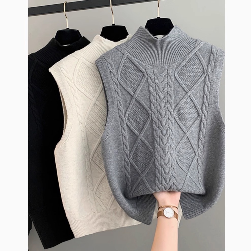 【現貨】半高領針織開衫雙面背心 復古百搭開衫外套