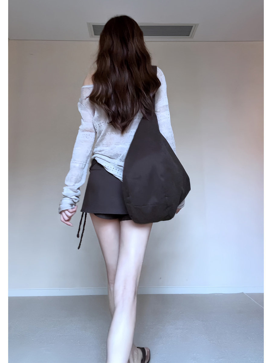 純欲慵懶時尚套裝 |  肌理鏤空微透防曬針織上衣+綁帶短裙褲