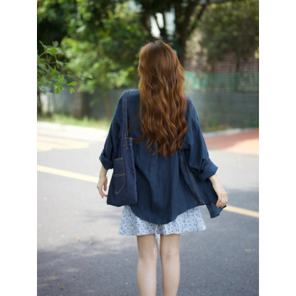 減齡套裝 亞麻藏青色襯衫 少女感碎花收腰吊帶洋裝