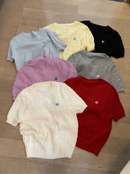 愛心刺繡麻花針織衫 正肩短款上衣 內搭打底薄款短袖