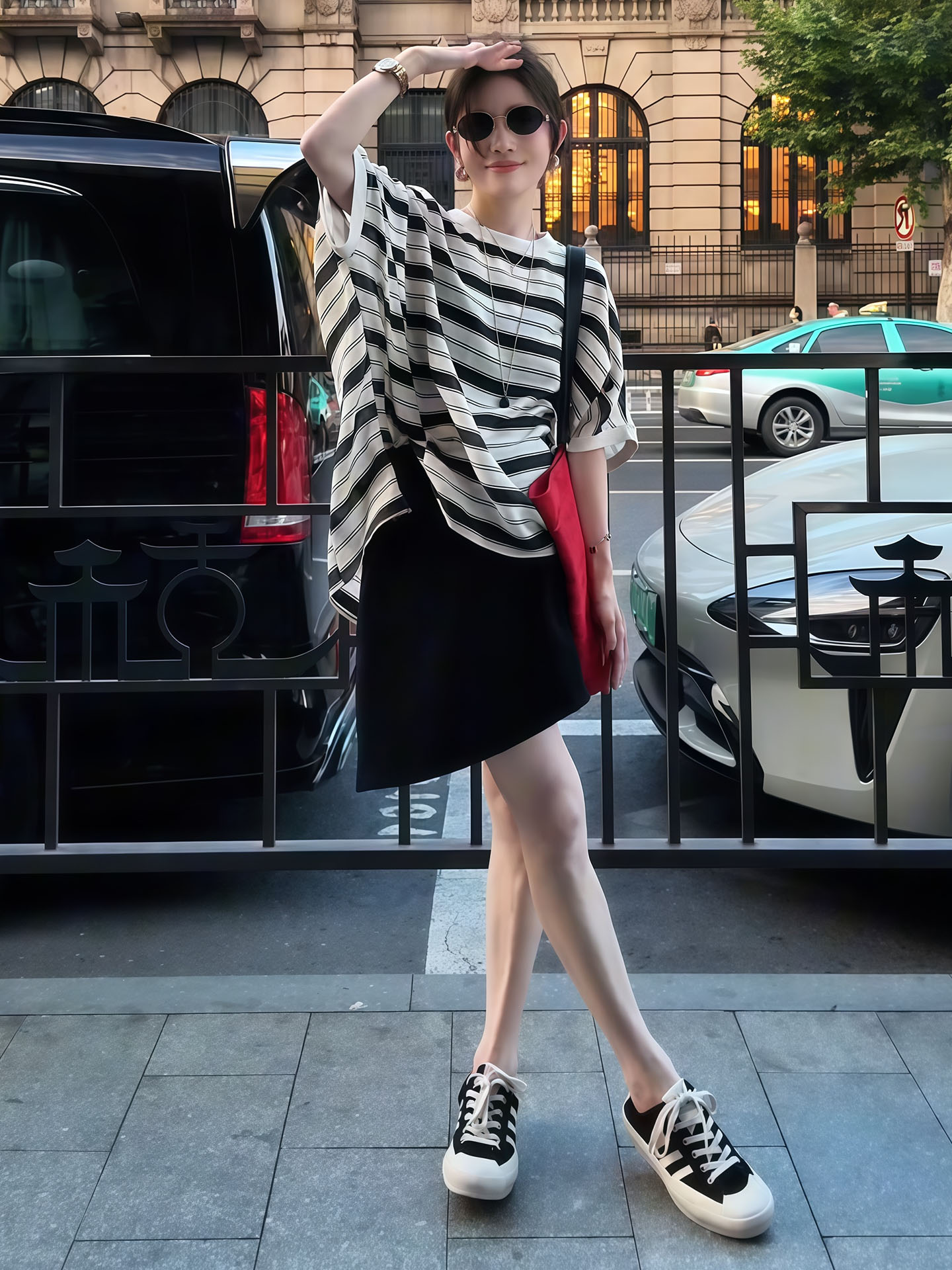 獨家設計款｜撞色條紋短袖上衣+顯瘦A字裙｜寬鬆兩件式｜夏季復古套裝