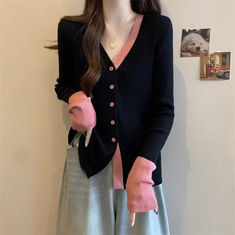 韓系套裝 V領撞色拼接針織上衣+白色半身長裙