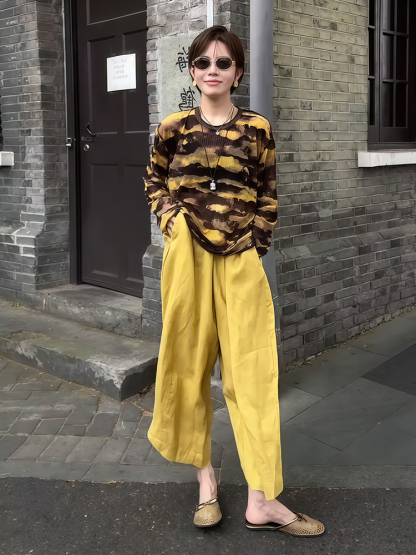 早秋虎紋套裝｜防曬罩紗薄款長袖+黃色高腰九分褲｜慵懶風兩件式｜鬆緊帶設計