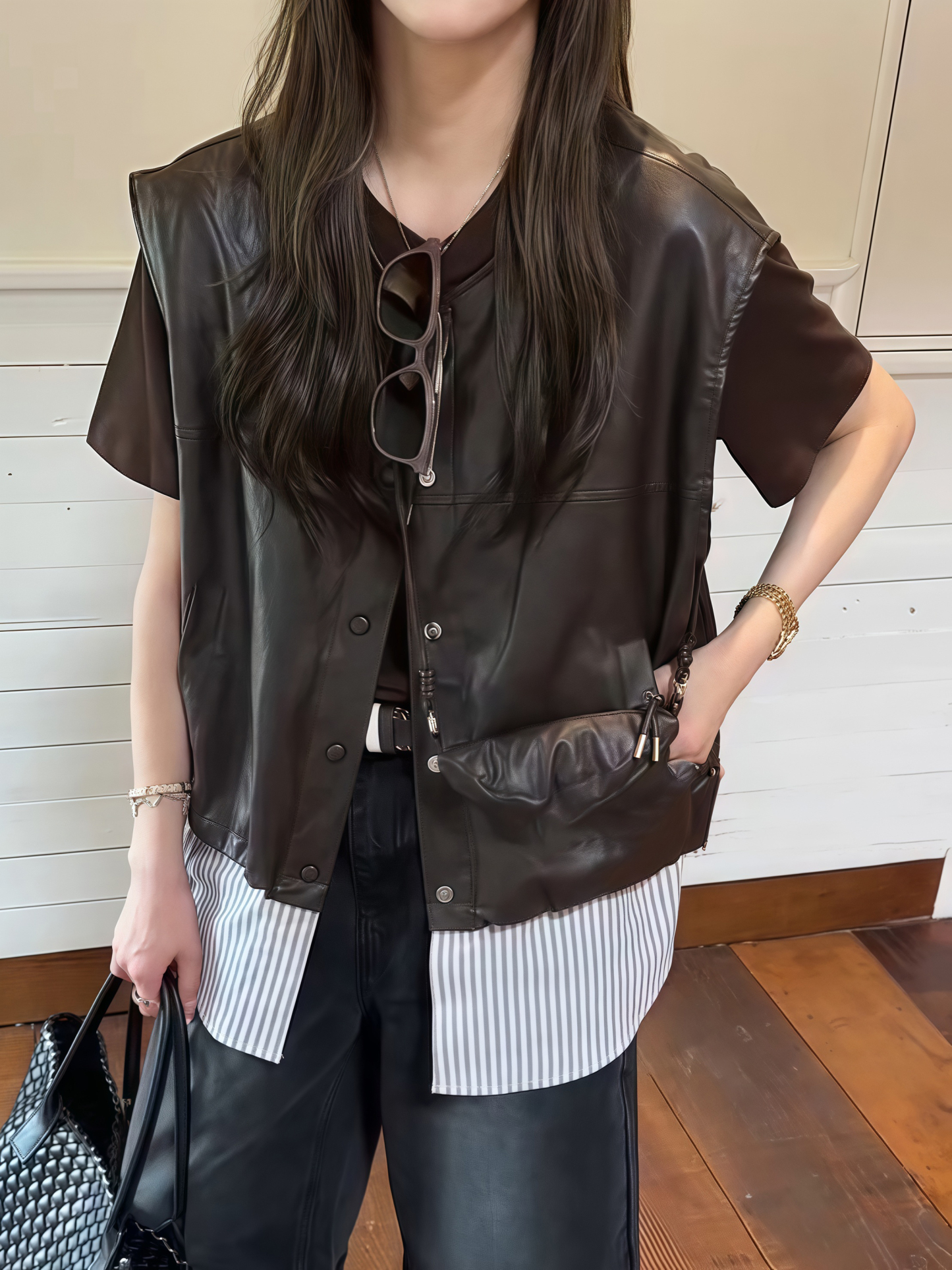 假兩件條紋拼接皮質背心｜韓系寬鬆外套