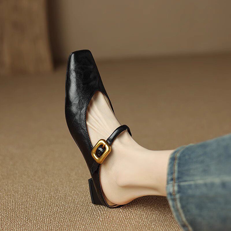 法式方頭包頭半拖 | 一字帶金扣平底涼鞋 | 黑棕雙色懶人鞋