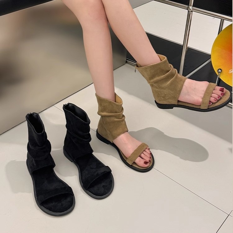 夏季實穿款｜2025韓版羅馬涼靴｜平底舒適設計｜後拉鏈穿脫方便｜復古小眾風格
