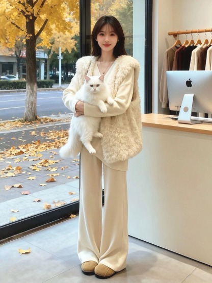 冬日高級感套裝｜毛毛背心｜針織上衣｜針織長褲｜氣質層次感穿搭