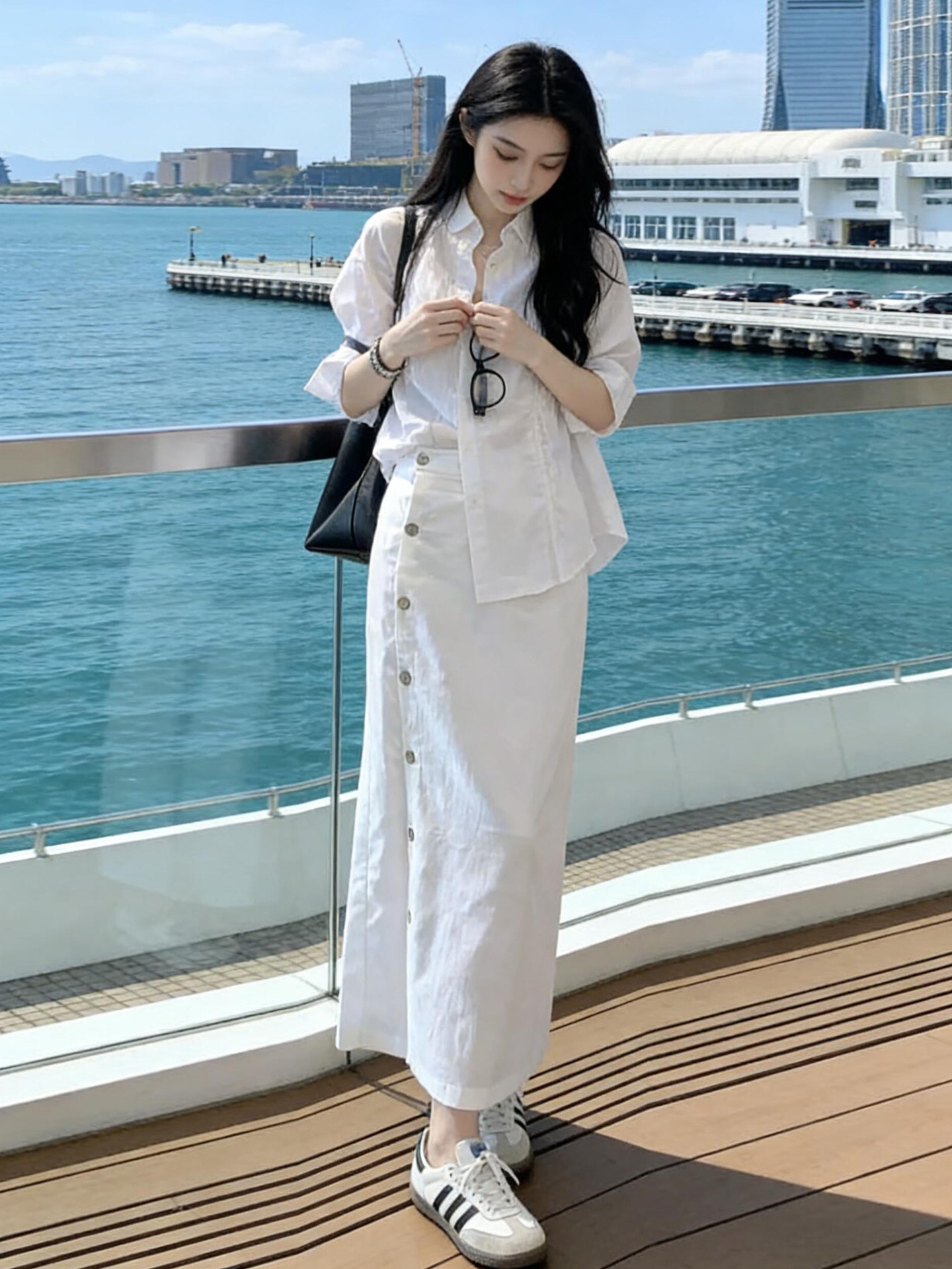 法式老錢風純白套裝｜棉麻長袖防晒襯衫｜紐扣高腰半身裙