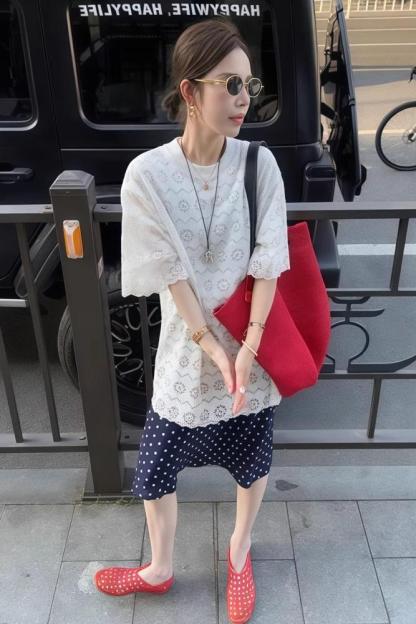 夏季韓風套裝｜鏤空碎花上衣+波點直筒裙｜寬鬆兩件式｜小清新氣質款