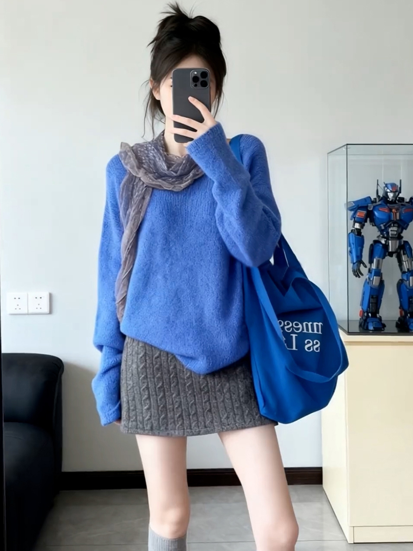 秋冬針織套裝｜藍色毛衣｜針織半身裙｜氣質藍灰色系兩件組｜溫柔感日常穿搭