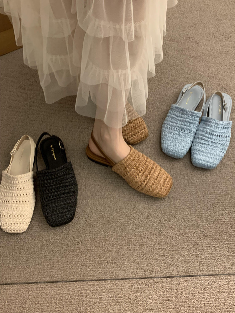 方頭一字帶草編涼單鞋 | 夏季淺口平底女鞋