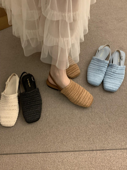 方頭一字帶草編涼單鞋 | 夏季淺口平底女鞋