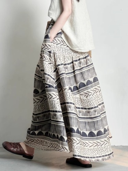 夏季限量款！復古印花A字裙｜棉麻混紡垂墜面料｜高腰修飾小腹｜文藝風大擺設計