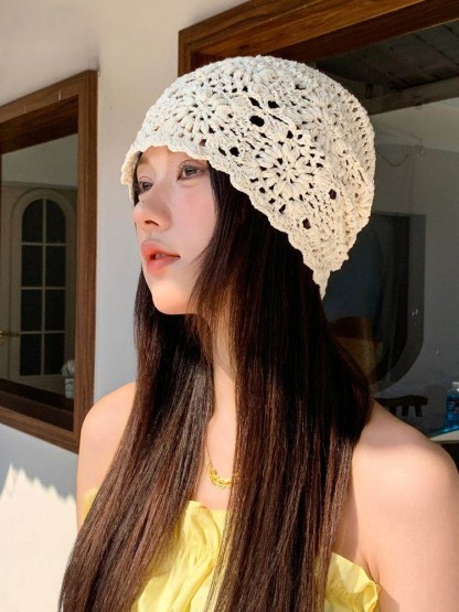 日雜風手作蕾絲透空包頭帽｜春夏薄款文藝百搭編織帽